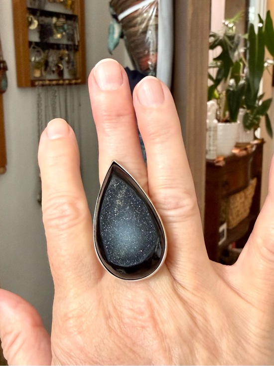 Jewelry - Black Druzy Agate and Silver Ring, Size 8 Adjustable